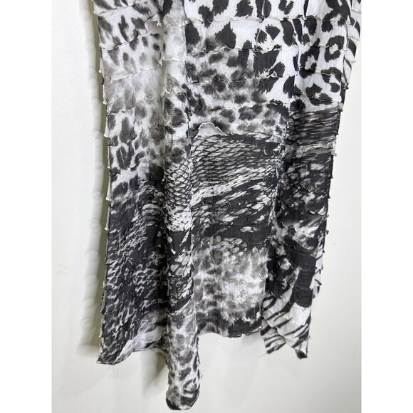 Vintage Black White Multi Animla Print Ruffled Flowy Long Top Y2k, 90s Grudge,Wh - Picture 7 of 10